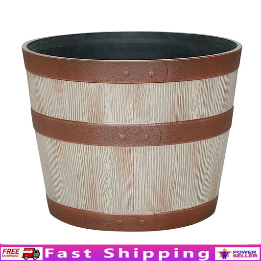 Whiskey Barrel Resin Planter Durable Indoor Outdoor Round Pot with Drainage Holes Frost Resistant Lightweight Easy Care