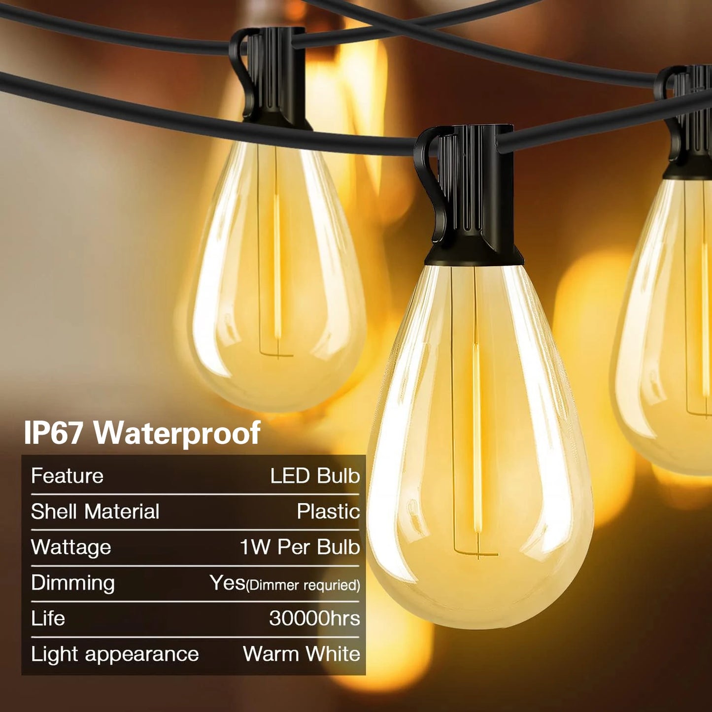 50FT, S14 LED Patio Lights With 25 Edison Vintage Bulbs, Connectable Outdoor String Lights For Porch Backyard Bistro, IP65