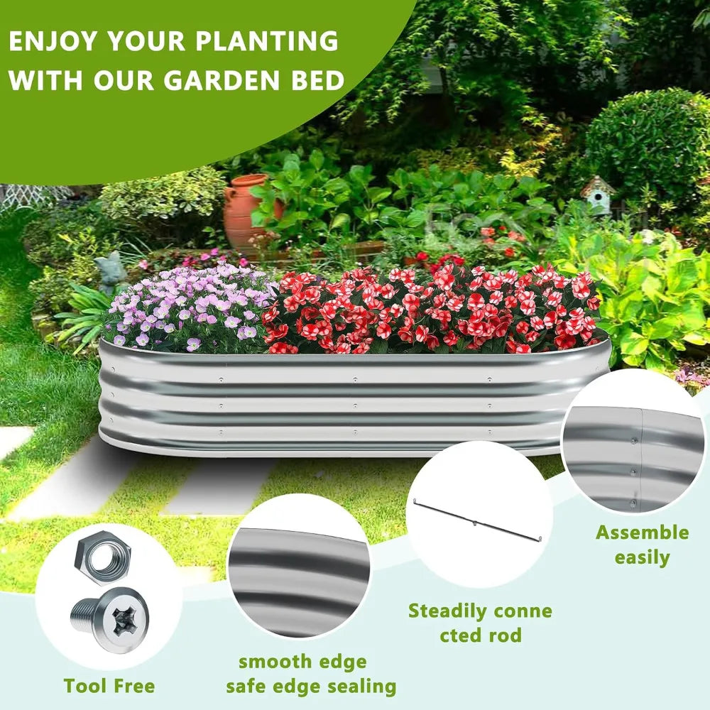 2 Pack Galvanized Raised Garden Bed Metal Oval Raised Garden Beds Outdoor Planter Box for Vegetables (12x2x1FT, Silver)