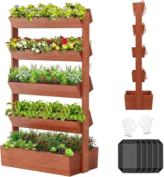 SUNYRISY 5 Tiers Vertical Wooden Raised Garden Bed Outdoor, Freestanding Garden Planter Box Stand for Planting Herbs Flowers Veg