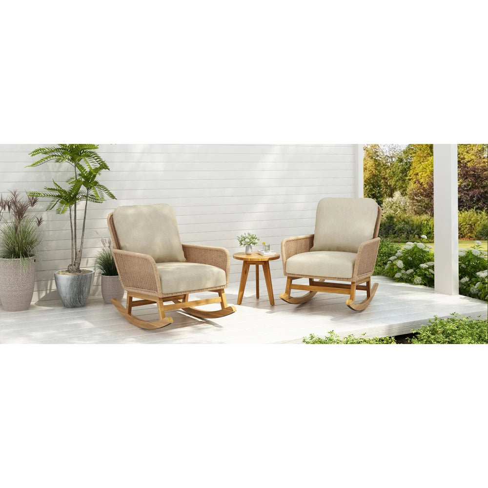 Modern 3-Piece Outdoor Seating Set with Beige Cushioned PE Rattan Rocking Chairs and Wooden Accent Table, Perfect for Patio