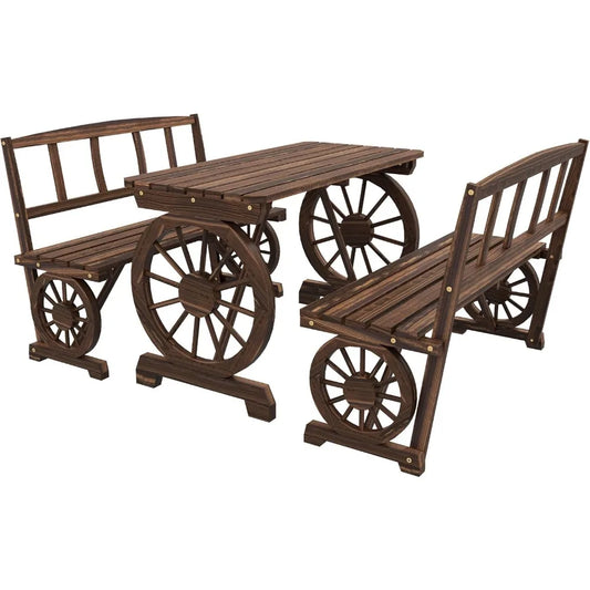 Outdoor Table and Chairs for 4 People, Wooden Patio Table and Dining Bench Set, 3 Piece All Weather Furniture Set