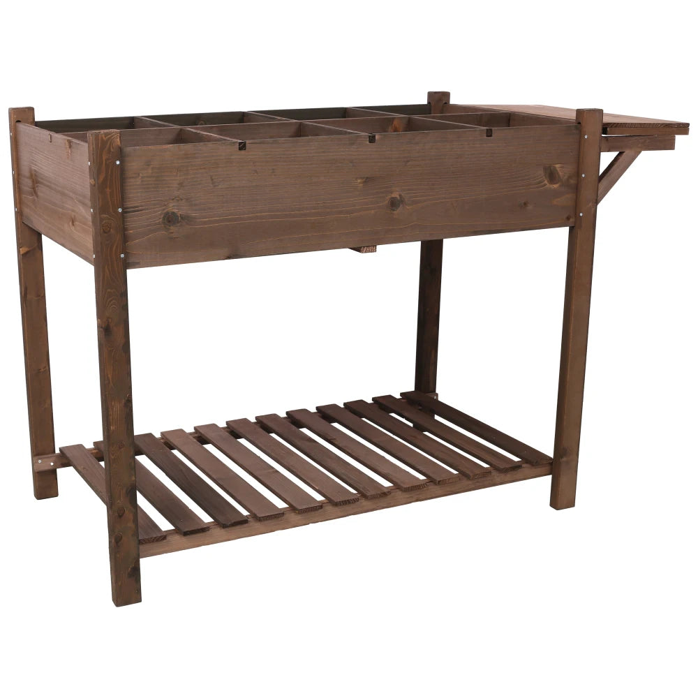 8 Pockets Horticulture Raised Garden Bed Elevated Wood Planter Box Stand with Foldable Side Table and Storage Shelf for Herb