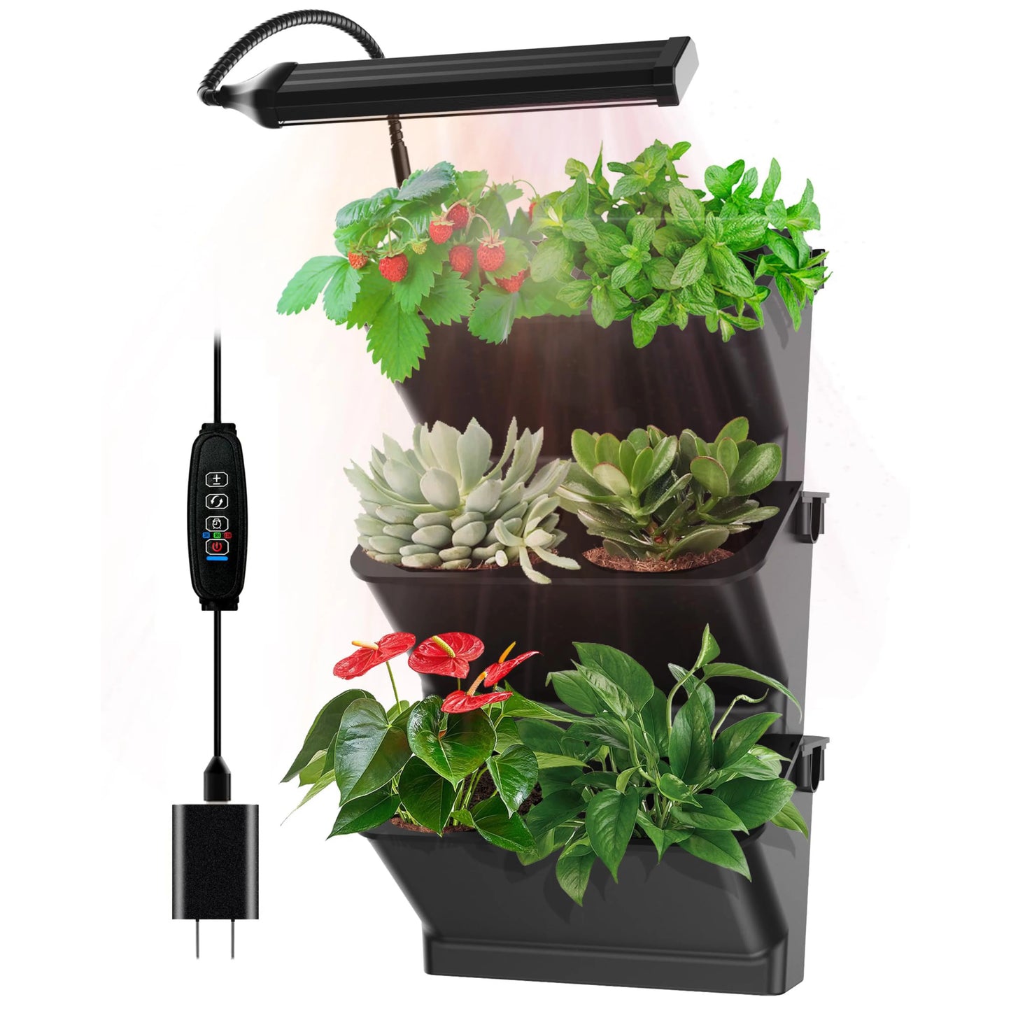 6 Pots Self-Watering Wall-mounted Wick System Planter for Indoor Outdoor Plants Herbs Adjustable Grow Light Garden Flower Pot