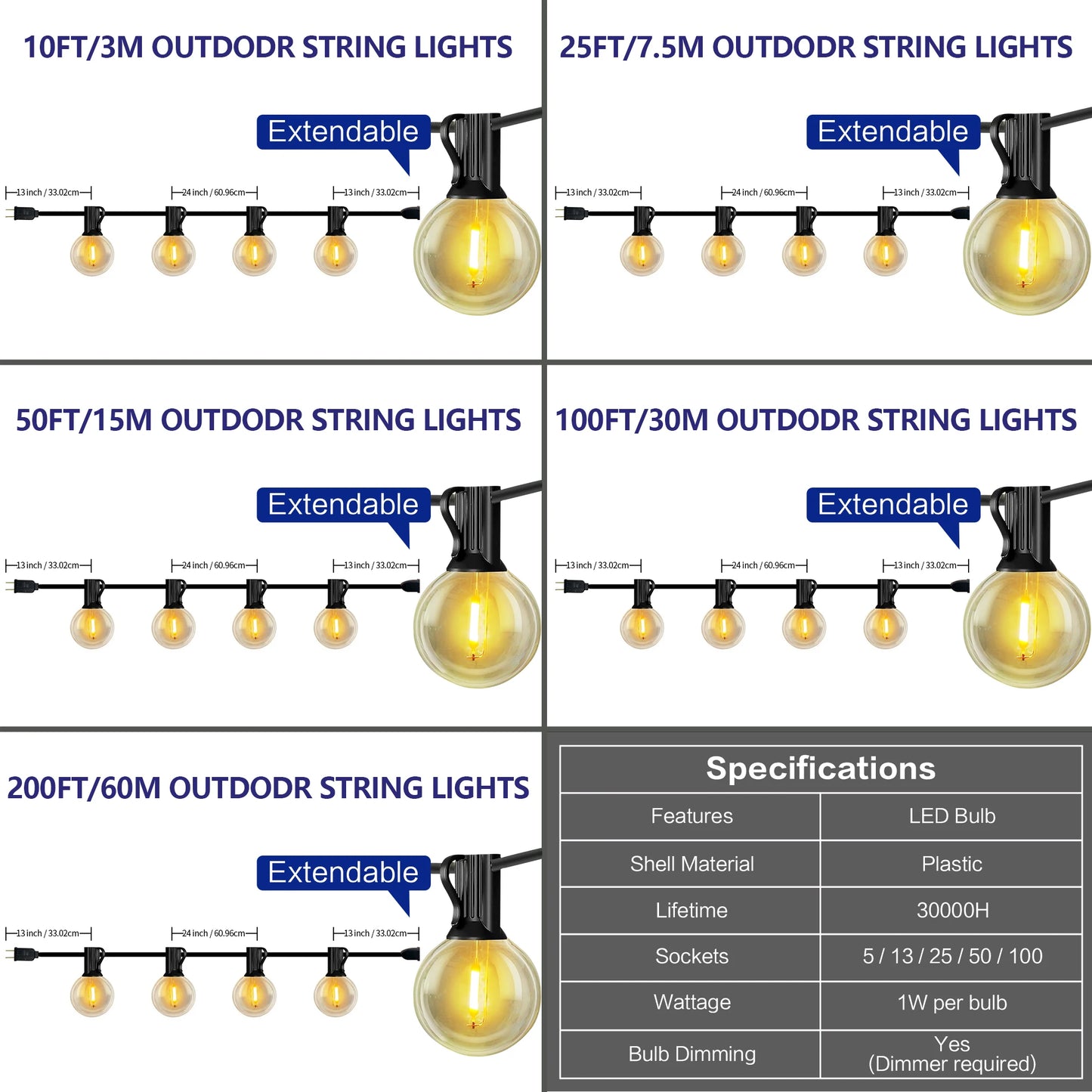 10 Feet Outdoor String Lights, G40 Spherical Led Garden Lights, 5 Edison Old-Fashioned Bulbs, Ip44 Grade Waterproof, Weather-Resistant Materials, Can Be Connected, Outdoor Decoration for Courtyard Porch and Small Restaurants, Christmas, Halloween, New Yea