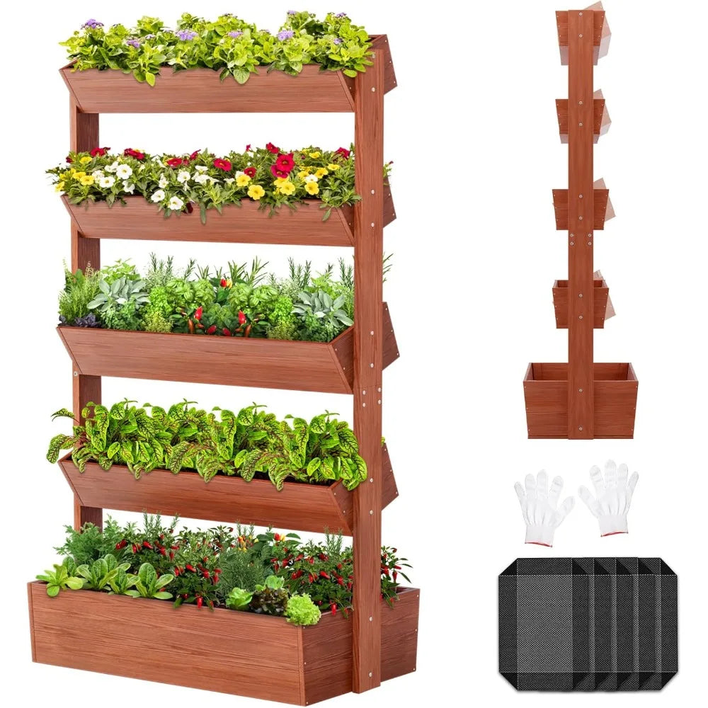 SUNYRISY 5 Tiers Vertical Wooden Raised Garden Bed Outdoor, Freestanding Garden Planter Box Stand for Planting Herbs Flowers Veg