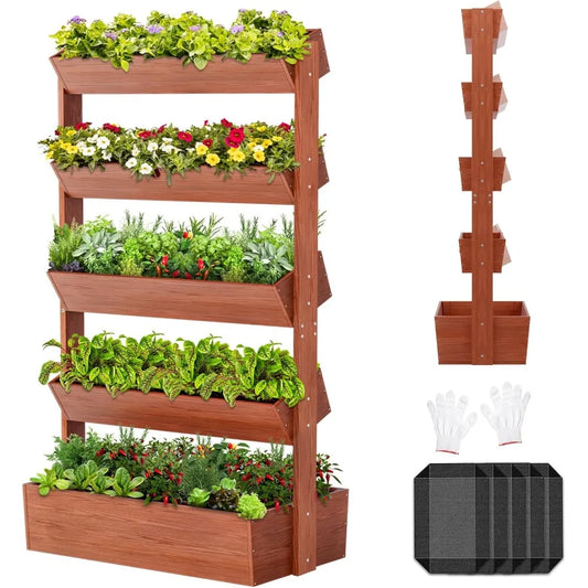 SUNYRISY 5 Tiers Vertical Wooden Raised Garden Bed Outdoor, Freestanding Garden Planter Box Stand for Planting Herbs Flowers Veg