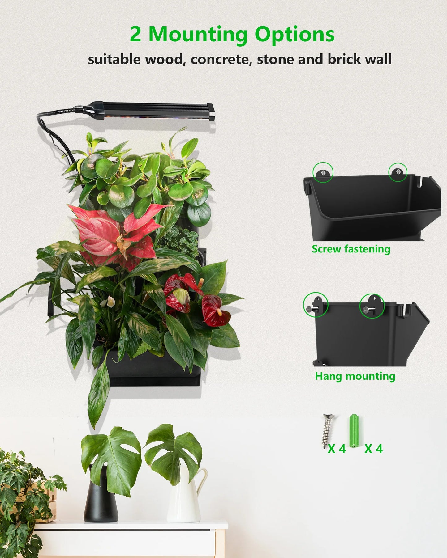 6 Pots Self-Watering Wall-mounted Wick System Planter for Indoor Outdoor Plants Herbs Adjustable Grow Light Garden Flower Pot