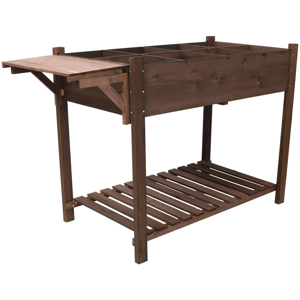 8 Pockets Horticulture Raised Garden Bed Elevated Wood Planter Box Stand with Foldable Side Table and Storage Shelf for Herb
