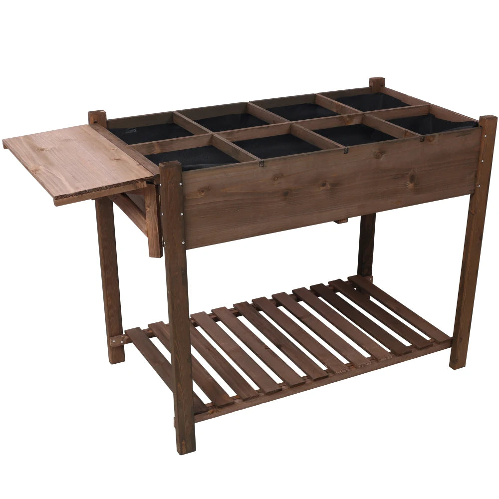 8 Pockets Horticulture Raised Garden Bed Elevated Wood Planter Box Stand with Foldable Side Table and Storage Shelf for Herb