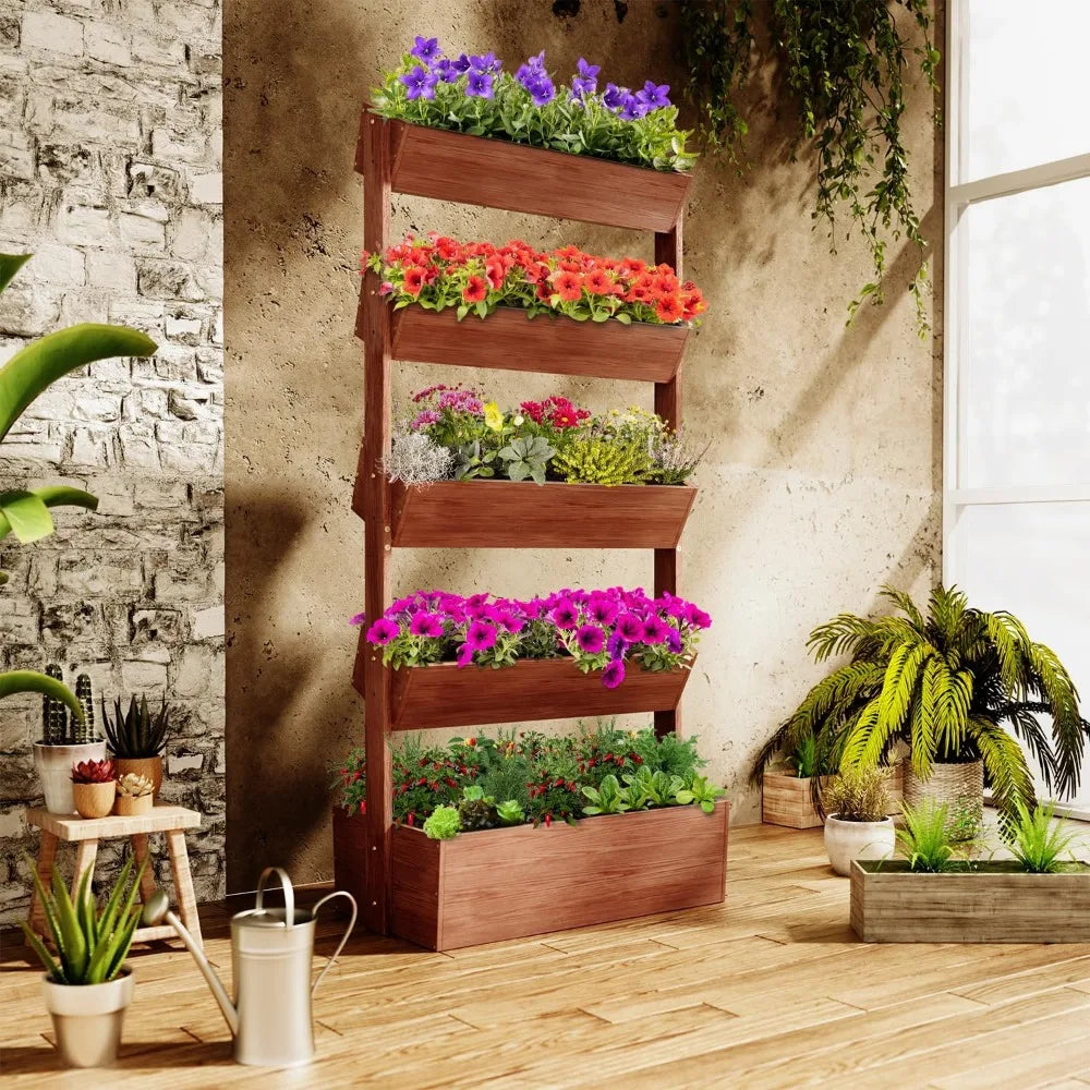 SUNYRISY 5 Tiers Vertical Wooden Raised Garden Bed Outdoor, Freestanding Garden Planter Box Stand for Planting Herbs Flowers Veg