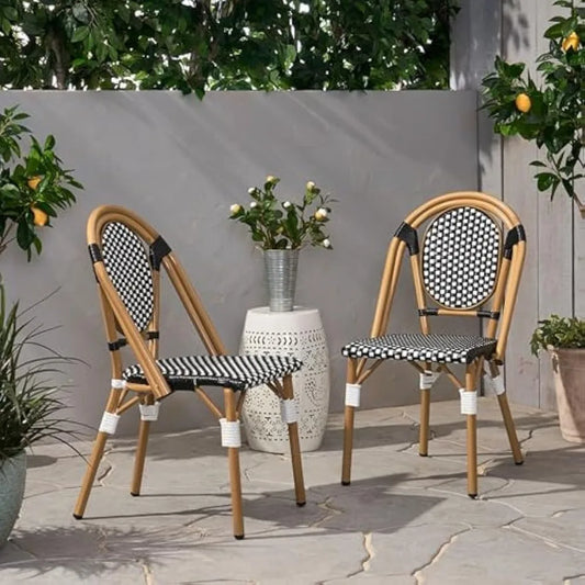 Indoor Outdoor Bistro Chair Set of 2, Lightweight Garden Chairs with Weather Resistant PE Rattan Back and Seat, Natural Bamboo P